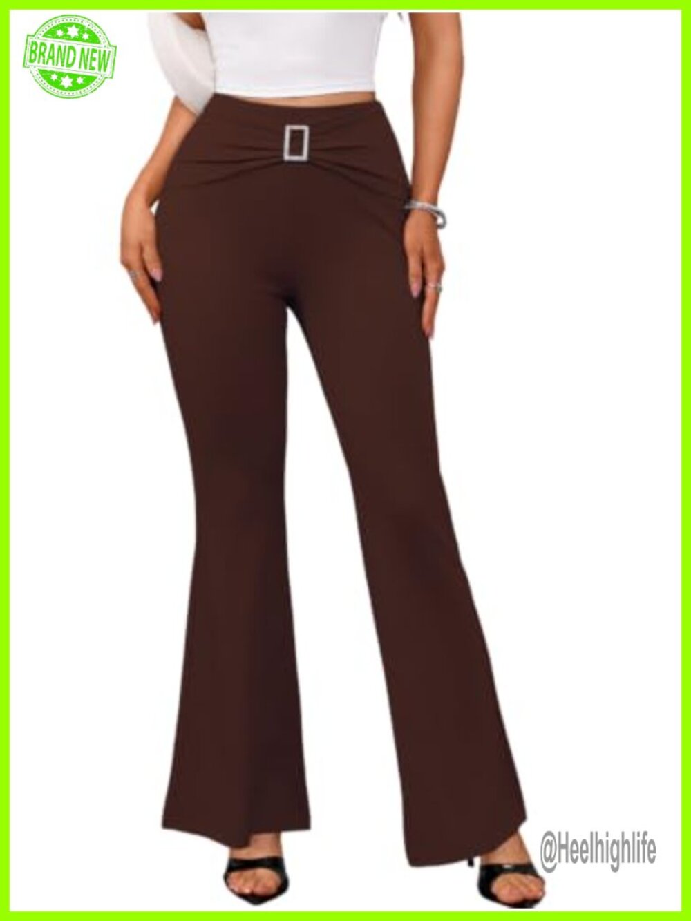 ShawGobow Womens Rhinestone Buckle Decor Flare Pants High Waist Tummy Control